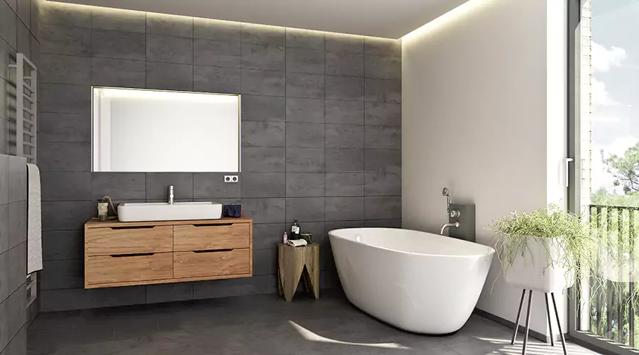 Minimalist Bathroom With Modern Vanity, Freestanding Tub, and Natural Lighting
